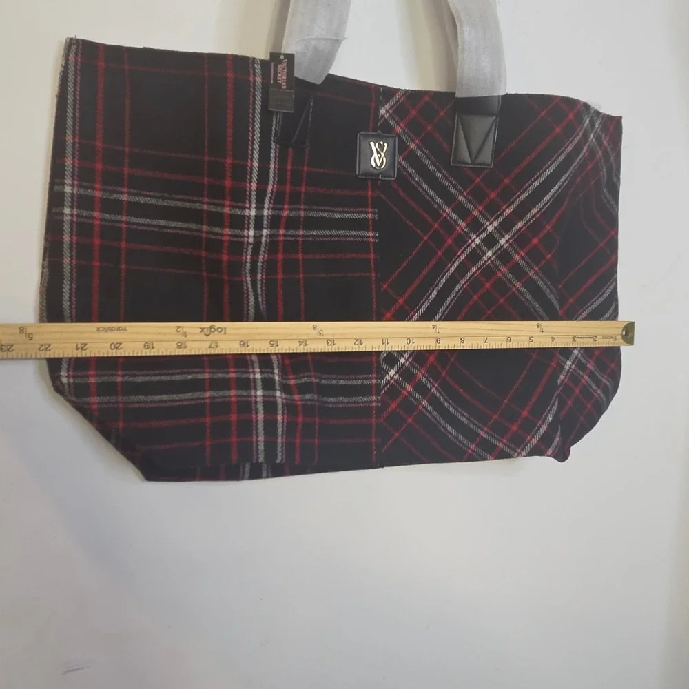 Victorias Secret Mixed Plaid Tote Bag Black Red White Holiday Oversized Shopper